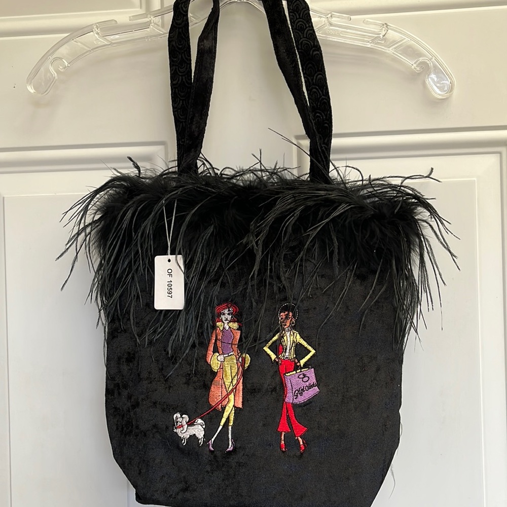 Fun Black Shoulder bag with feathers. Embroidery Ladies with puppy dog.